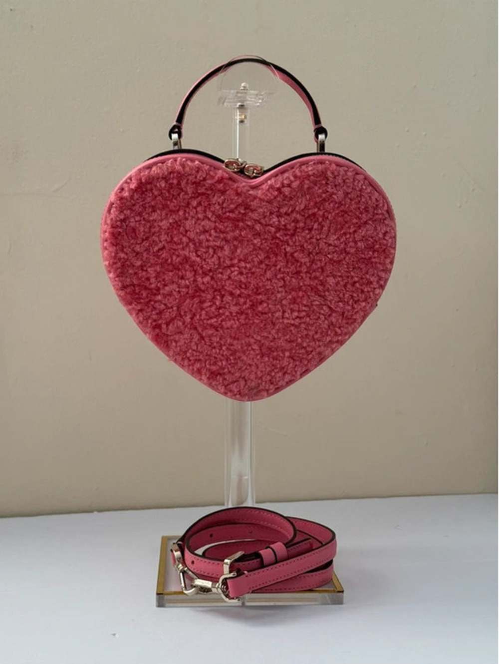 Kate Spade Love Shack Heart Crossbody Pink Faux Shearling Bag K5814